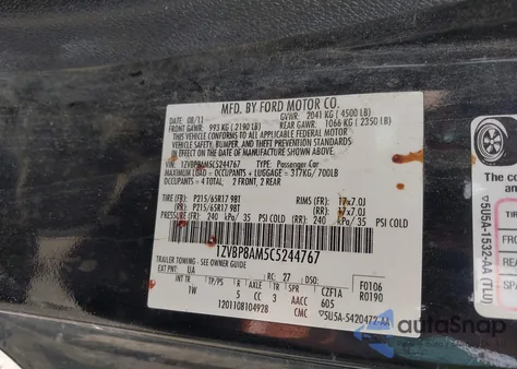 2012 Ford Mustang V6 из США, поврежденный, VIN 1ZVBP8AM5C5244767